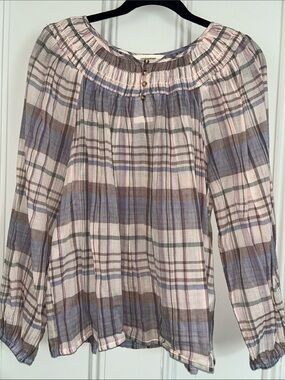 Lucky Brand Plaid Peasant Blouse in Cream, pale pink, blue/purple .